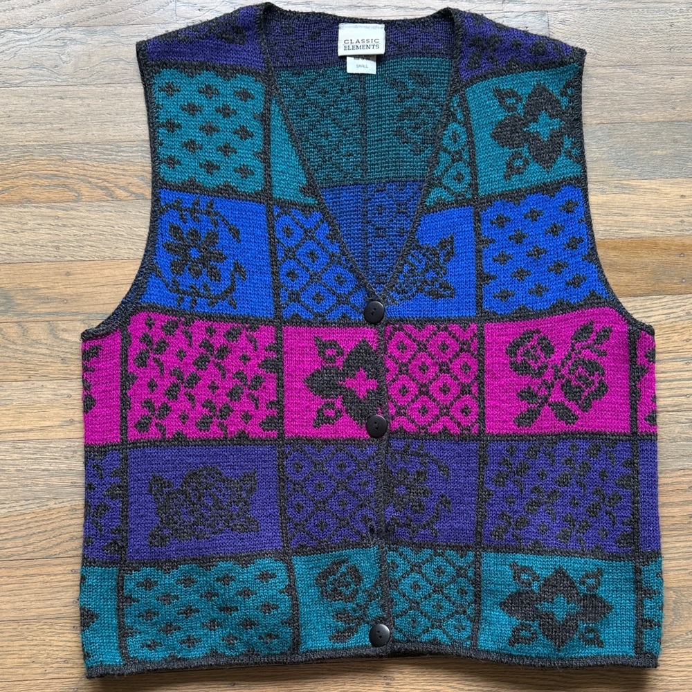 Classic Elements Teal, Blue & Magenta Colorblock Knit Vest size small (FLAW)